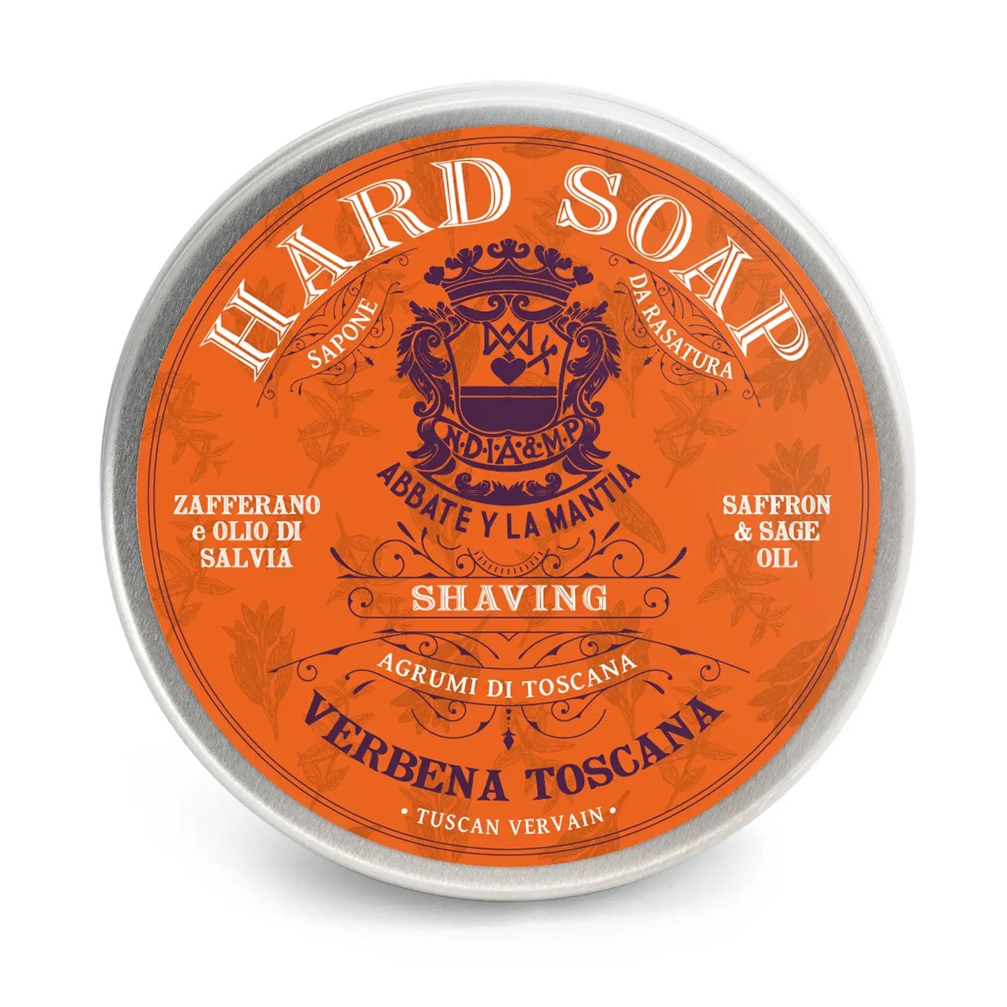 Orange hard soap tin with silver lid on a white background