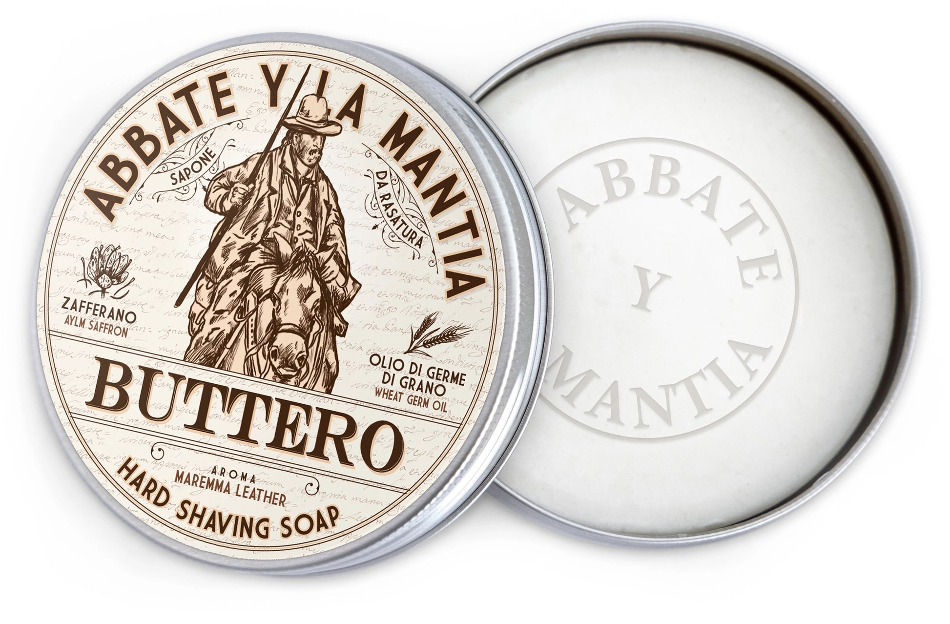 Abbate y La Mantia Buttero hard shaving soap in a tin with branding and product details.