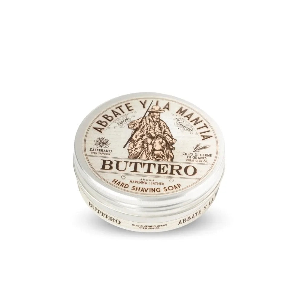Buttero hard shaving soap container on a white background