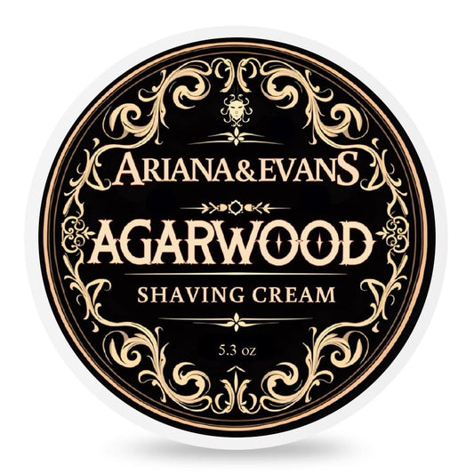 Ariana & Evans Agarwood Shaving Cream container with decorative gold text on a black background
