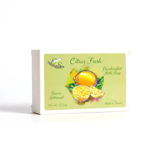 Citrus Fresh handmade bath soap packaging with lemon and orange illustration on a white background