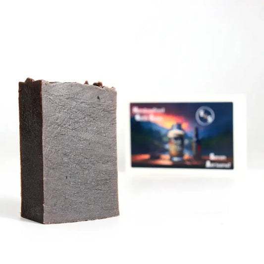 Bar of soap with a blurred background featuring a product image