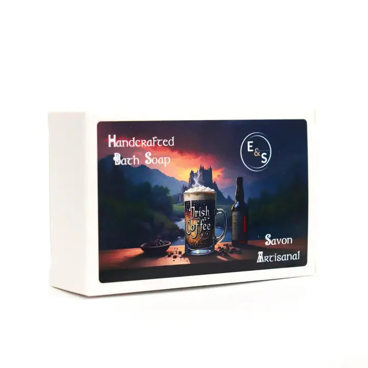 Box of E&S Artisanal Irish Coffee-themed bath soap with a castle and mug design.