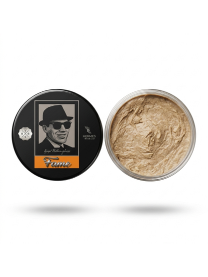 Hair product container with a lid featuring a portrait on a white background