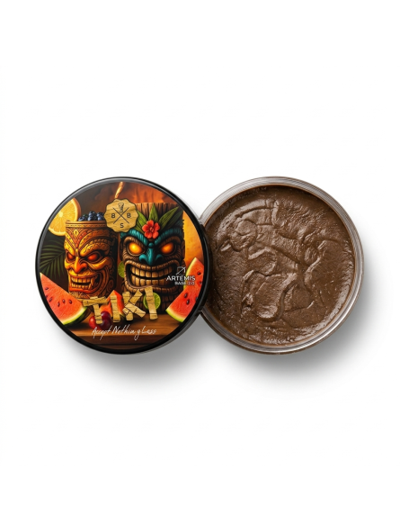 Tiki-themed container with a lid featuring two colorful tiki faces and a coin inside on a white background.