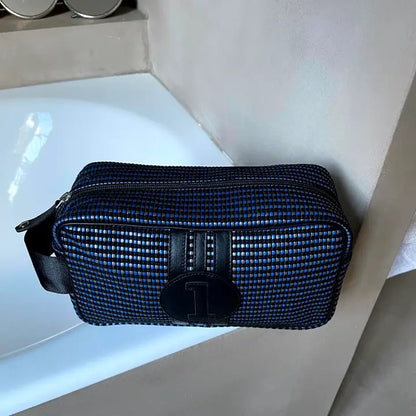 E2R Paris Toiletry Bag in Upcycled Canvas and Leather Black, Grey and Blue  leather stripes