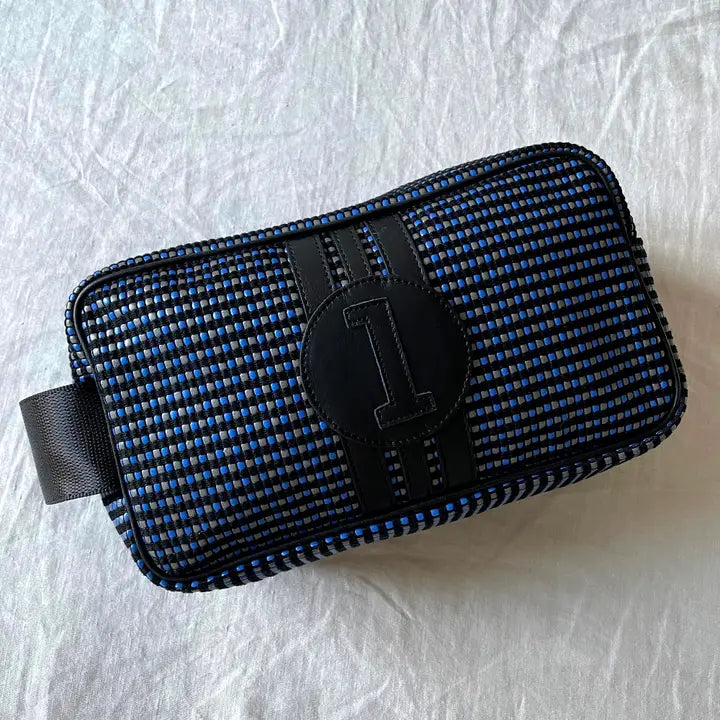 E2R Paris Toiletry Bag in Upcycled Canvas and Leather Black, Grey and Blue  leather stripes