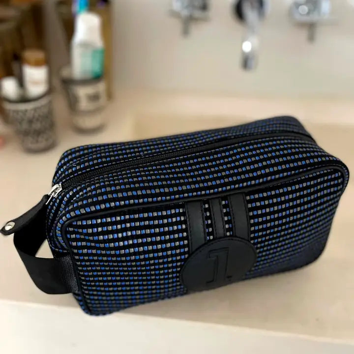 E2R Paris Toiletry Bag in Upcycled Canvas and Leather Black, Grey and Blue  leather stripes