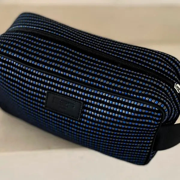 E2R Paris Toiletry Bag in Upcycled Canvas and Leather Black, Grey and Blue  leather stripes