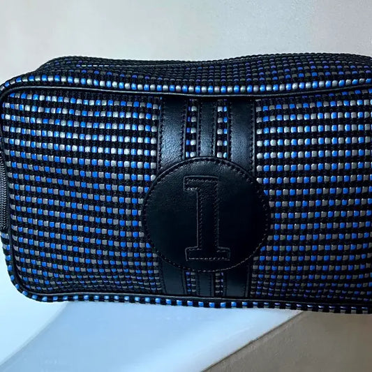 E2R Paris Toiletry Bag in Upcycled Canvas and Leather Black, Grey and Blue  leather stripes