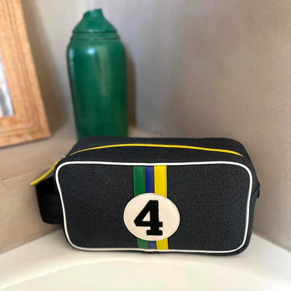 E2R Paris Toiletry Bag in Upcycled Canvas and Leather Brazilian Colours  with leather stripes