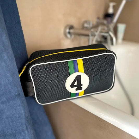 E2R Paris Toiletry Bag in Upcycled Canvas and Leather Brazilian Colours  with leather stripes