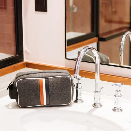 E2R Paris Toiletry Bag in Upcycled Canvas and Leather  Grey with leather stripes