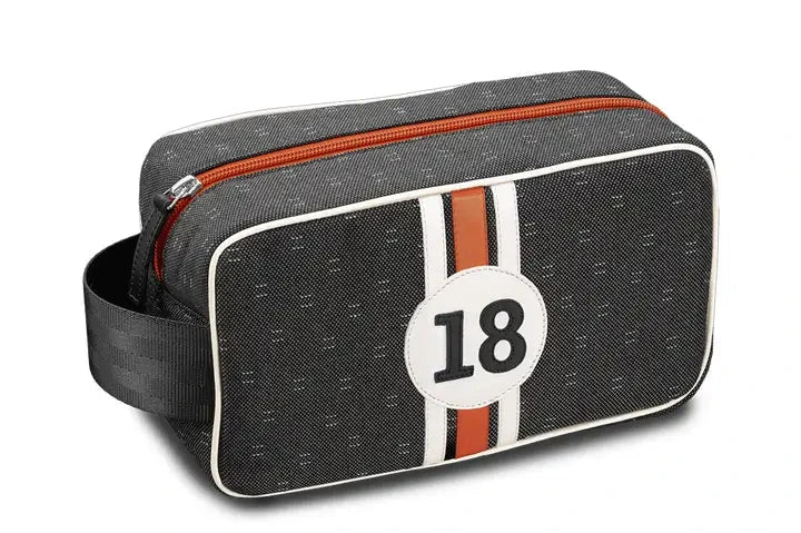 E2R Paris Toiletry Bag in Upcycled Canvas and Leather white and mango leather stripes