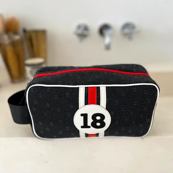 E2R Paris Toiletry Bag in Upcycled Canvas and Leather white and mango leather stripes