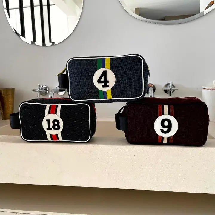 E2R Paris Toiletry Bag in Upcycled Canvas and Leather white and mango leather stripes