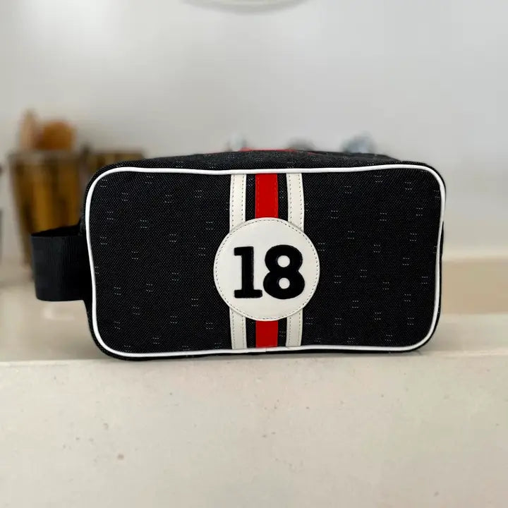 E2R Paris Toiletry Bag in Upcycled Canvas and Leather white and mango leather stripes