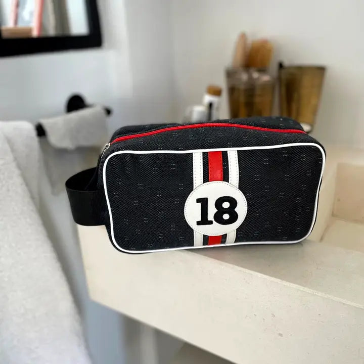 E2R Paris Toiletry Bag in Upcycled Canvas and Leather white and mango leather stripes