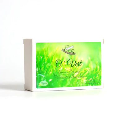 Green soap packaging with brand logo on a white background