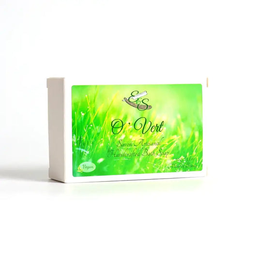 Green soap packaging with brand logo on a white background