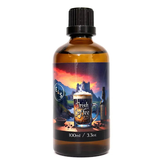 Bottle of E&S Irish Coffee with a scenic label on a white background