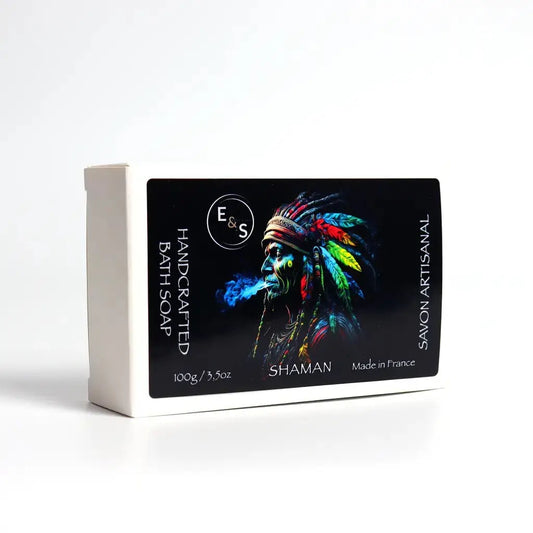 Soap packaging with a colorful depiction of a shaman and branding on a white background