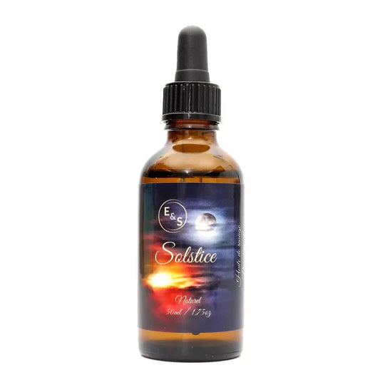 Bottle of E&S Solstice with a colorful label on a white background