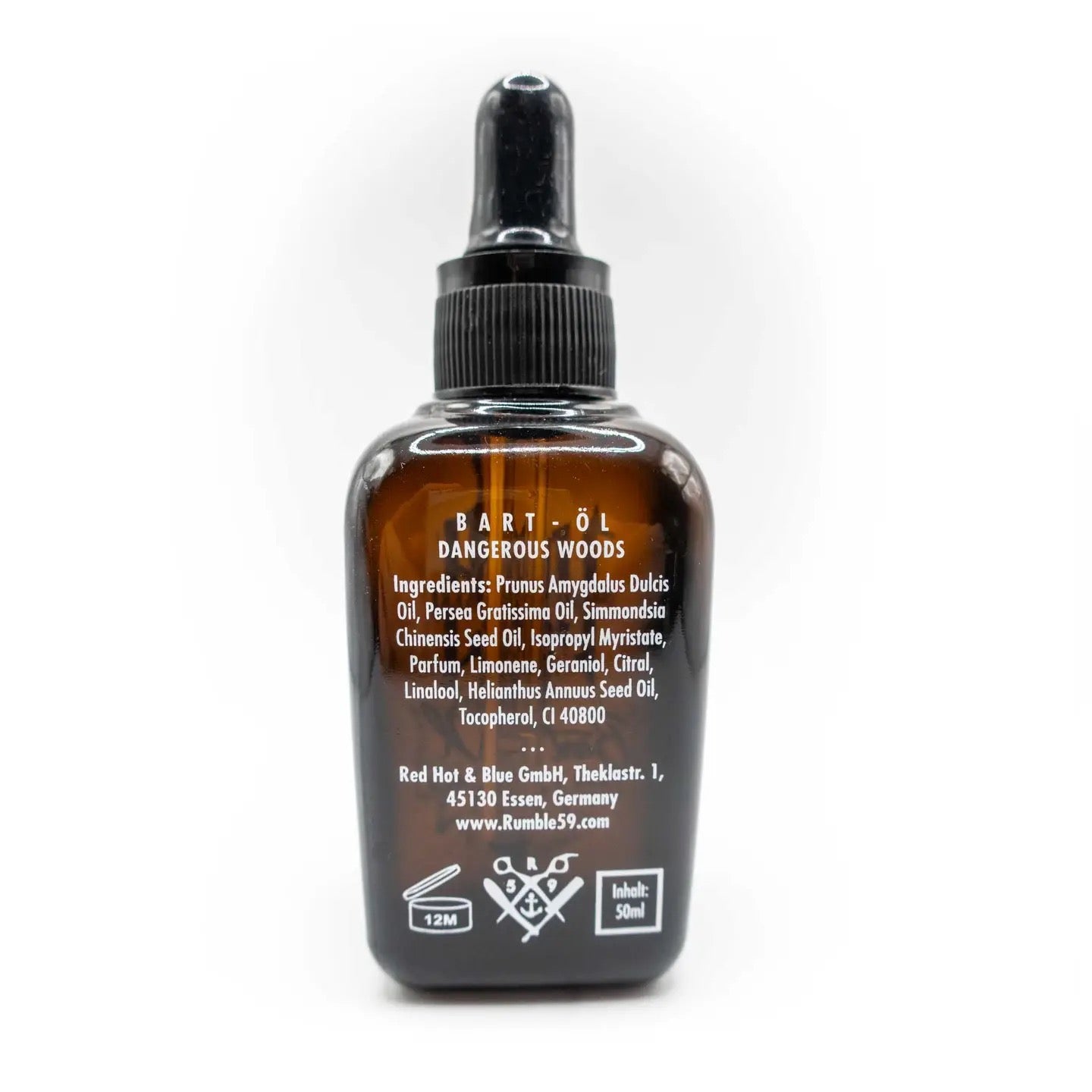 An amber glass dropper bottle of BART-OIL 'BART-ÖL' from Dangerous Woods, showing the back label with ingredients and manufacturer details on a white background.