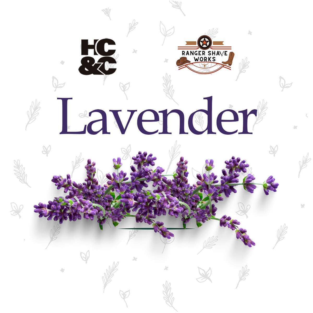 Lavender-scented grooming product graphic with the text 'HC&C' and 'Ranged Shave Works' above a cluster of purple lavender flowers on a white background with faint botanical line drawings.
