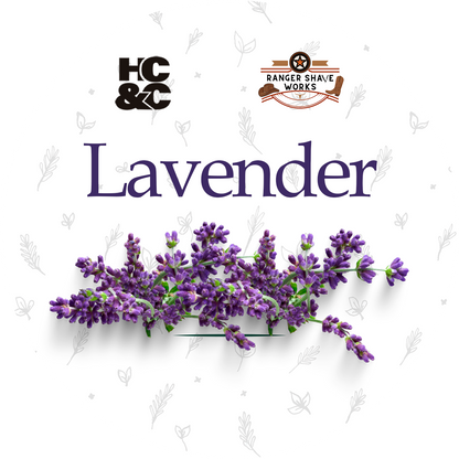 Lavender-scented grooming product graphic with the text 'HC&C' and 'Ranged Shave Works' above a cluster of purple lavender flowers on a white background with faint botanical line drawings.
