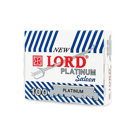 Box of Lord Platinum Saloon razors with blue and white striped design on a white background