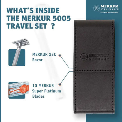 Merkur Leather Case Filled with 23001 and 10 Blades, Black