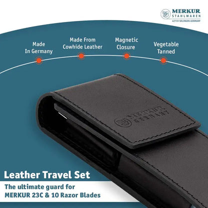 Merkur Leather Case Filled with 23001 and 10 Blades, Black