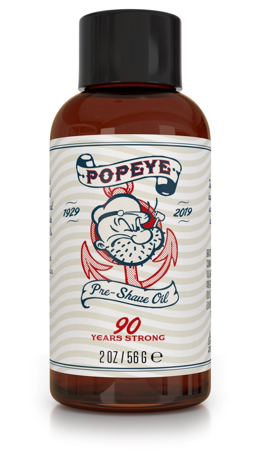 Bottle of Popeye pre-shave oil with a white label on a white background