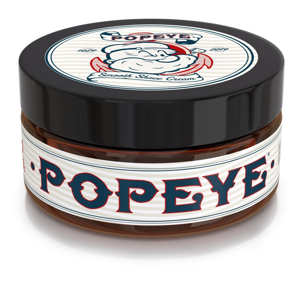 Jar of Popeye shave cream with black lid and white label featuring Popeye character.