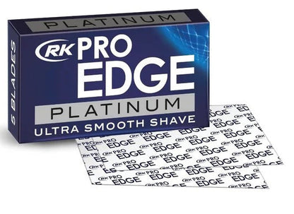 RK Pro Edge Platinum ultra smooth shave razor blades shown with their retail packaging box and an unboxed pack of six silver safety razors on a white background.