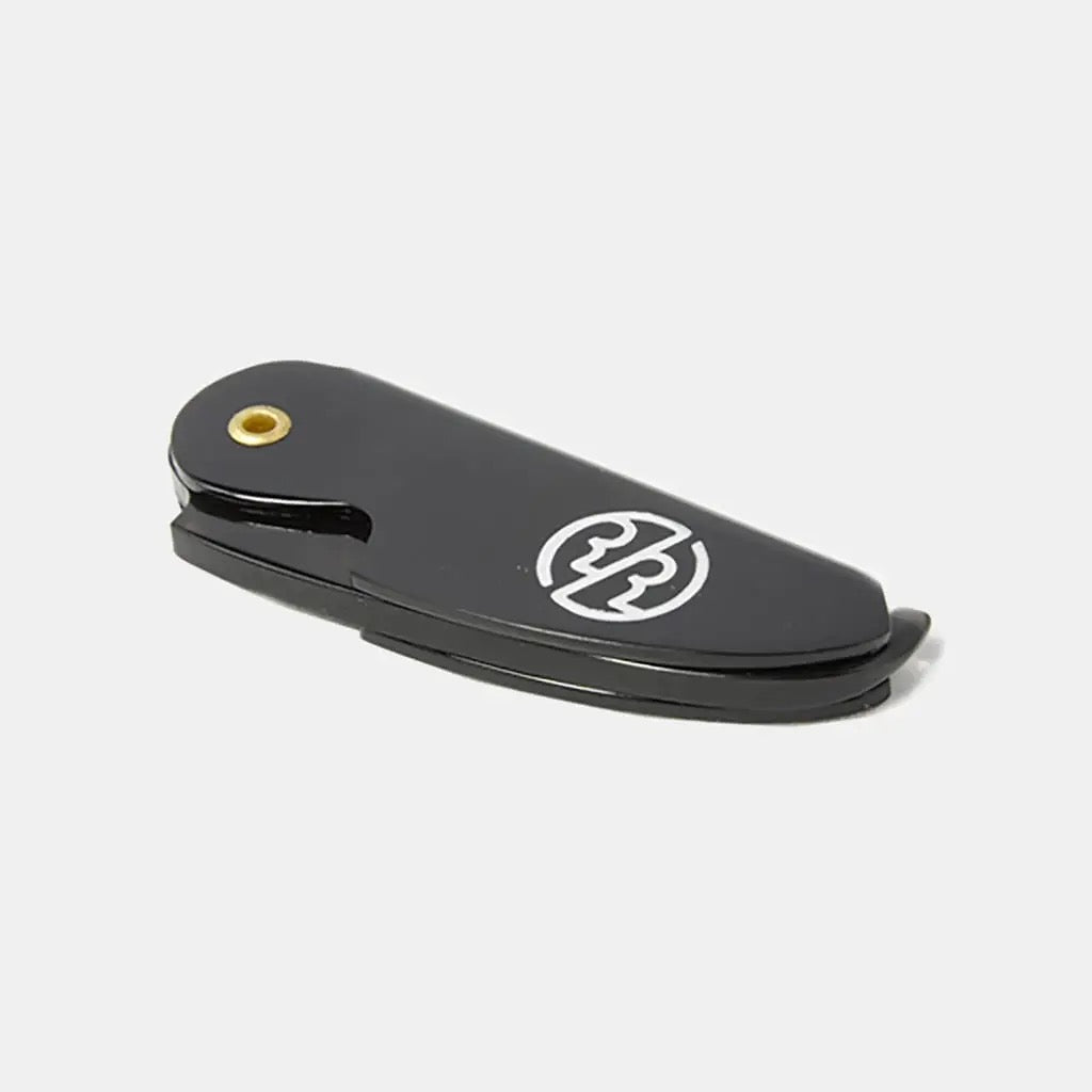 Black pocket knife with a logo on a white background