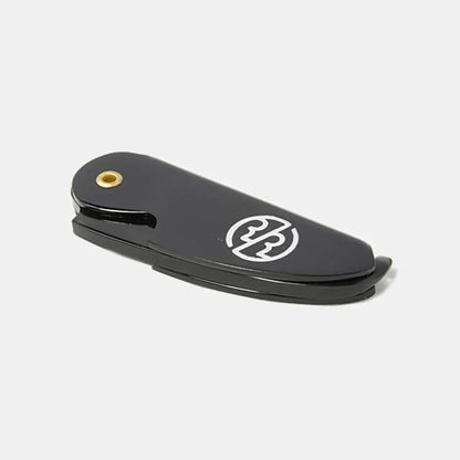 Black pocket knife with a logo on a white background