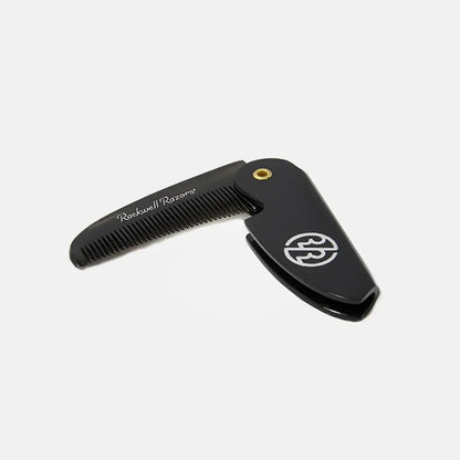 Black folding comb with 'Rachael Razo' branding on a white background