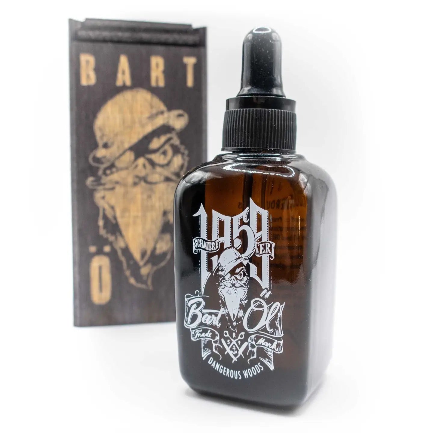 An amber glass dropper bottle of '1950 Bar Oil' by Dangerous Woods, shown next to its dark wood branded packaging box on a white background.