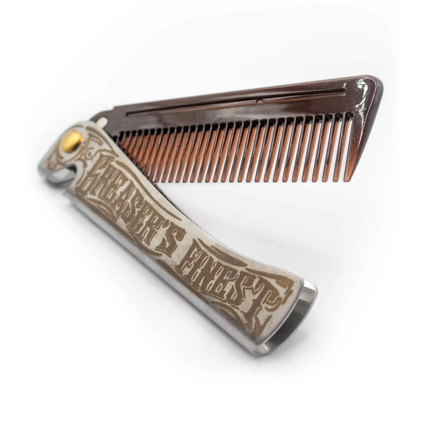 A folding pocket comb with a dark brown translucent plastic upper section and a silver-toned metal handle engraved with 'Mister's Barbershop' in a decorative font, featuring a small gold accent button.
