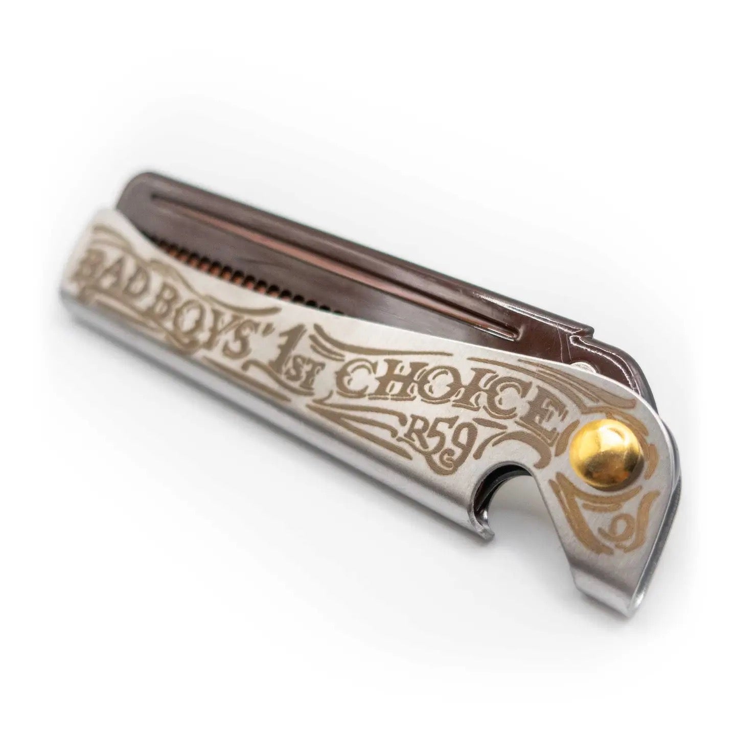 A silver metal pocket knife with engraved gold lettering that reads 'BAD BOYS 1st CHOICE 159' and a polished gold ball accent on the handle, shown on a white background.