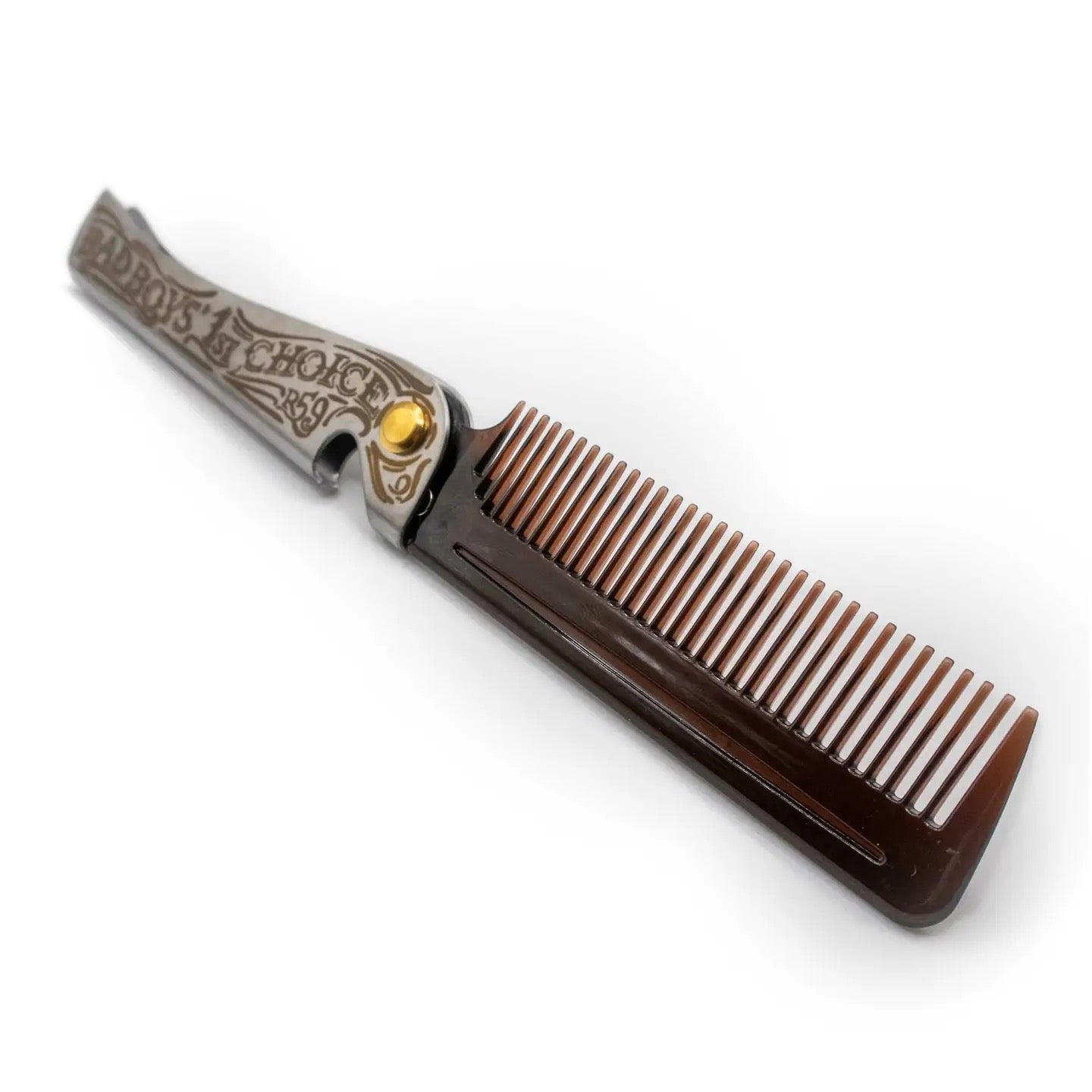 A vintage folding pocket comb with a dark brown wooden handle and a silver-toned engraved metal blade, featuring a small gold button and the brand name 'MADDOX CHOICE' on the blade.