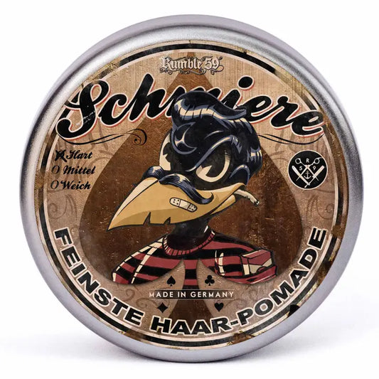 Schmiere pomade tin with vintage design and cartoon duck illustration on a white background