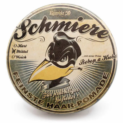 Pomade container with vintage design and cartoon duck illustration on a white background