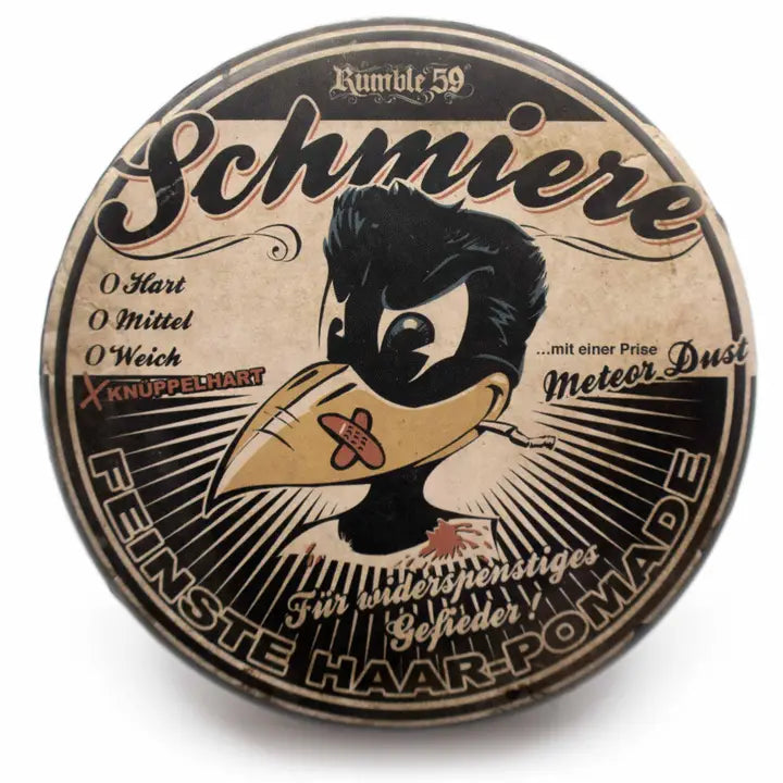 Pomade container with cartoon duck illustration and text on a white background