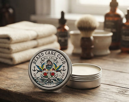A round metal tin of Beard Care Club beard balm sits open on a rustic wooden table, with a folded cream towel and shaving accessories blurred in the background.