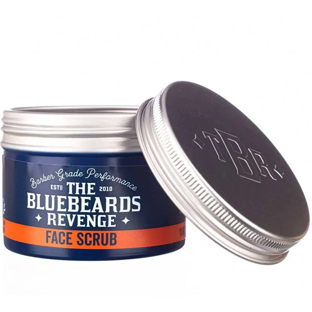 Bluebeards Revenge face scrub jar with lid on a white background