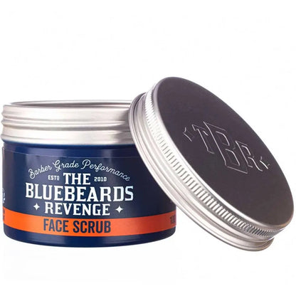 Bluebeards Revenge face scrub jar with lid on a white background