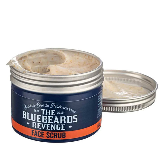 Bluebeards Revenge face scrub jar with open lid on a white background